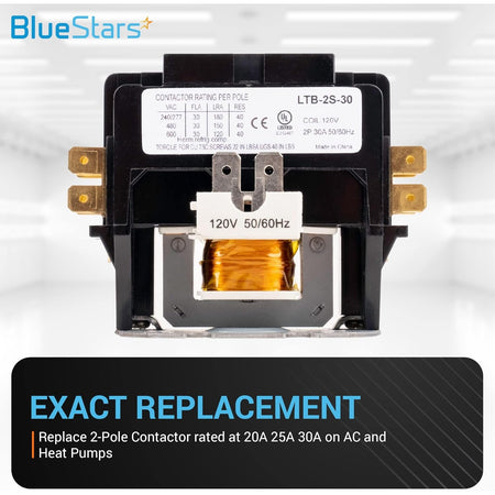 Front view of a 30 Amp 2-pole contactor with a 120VAC coil and technical rating label.
