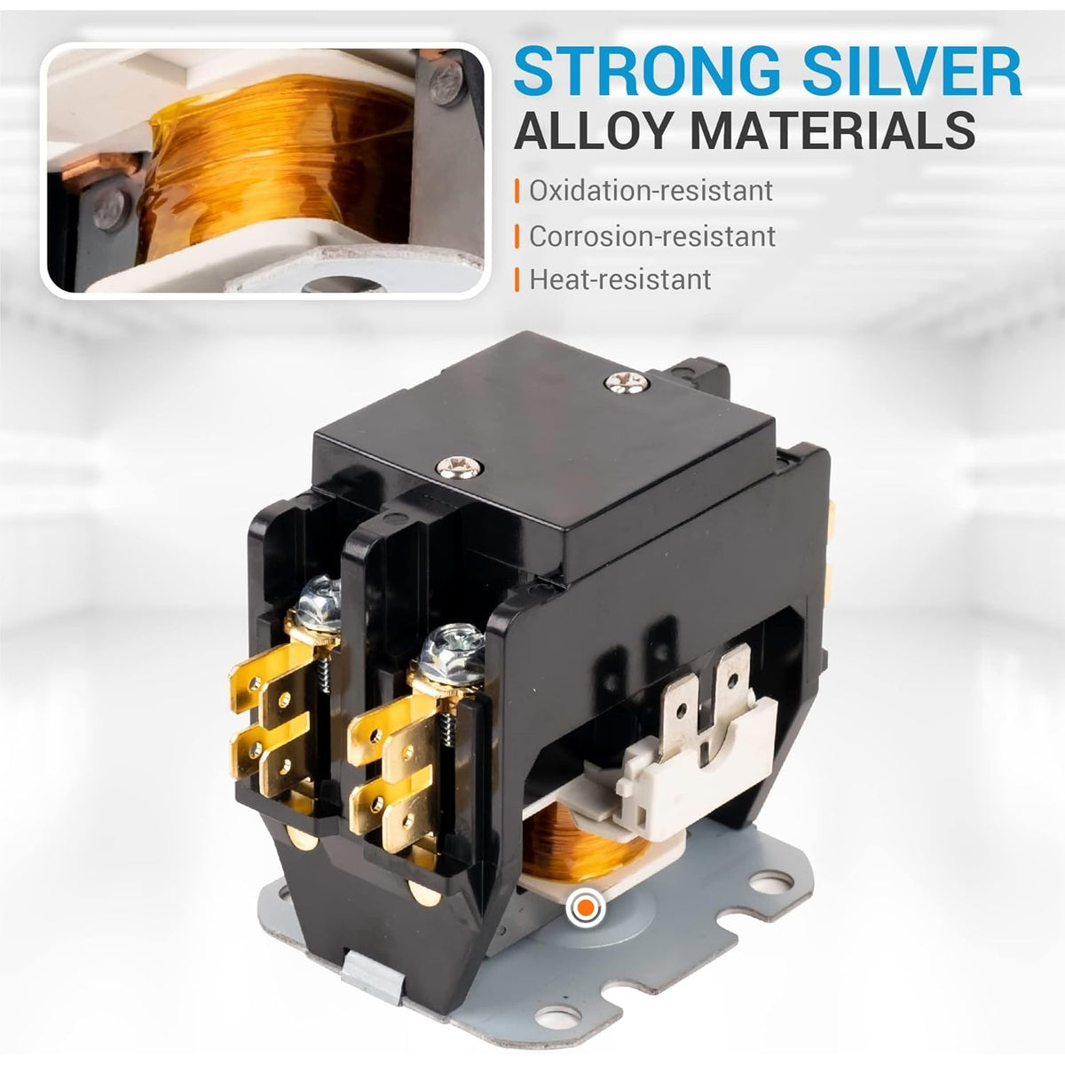 30 Amp 2 pole contactor with 120VAC coil showing silver alloy contact materials and internal copper wiring.