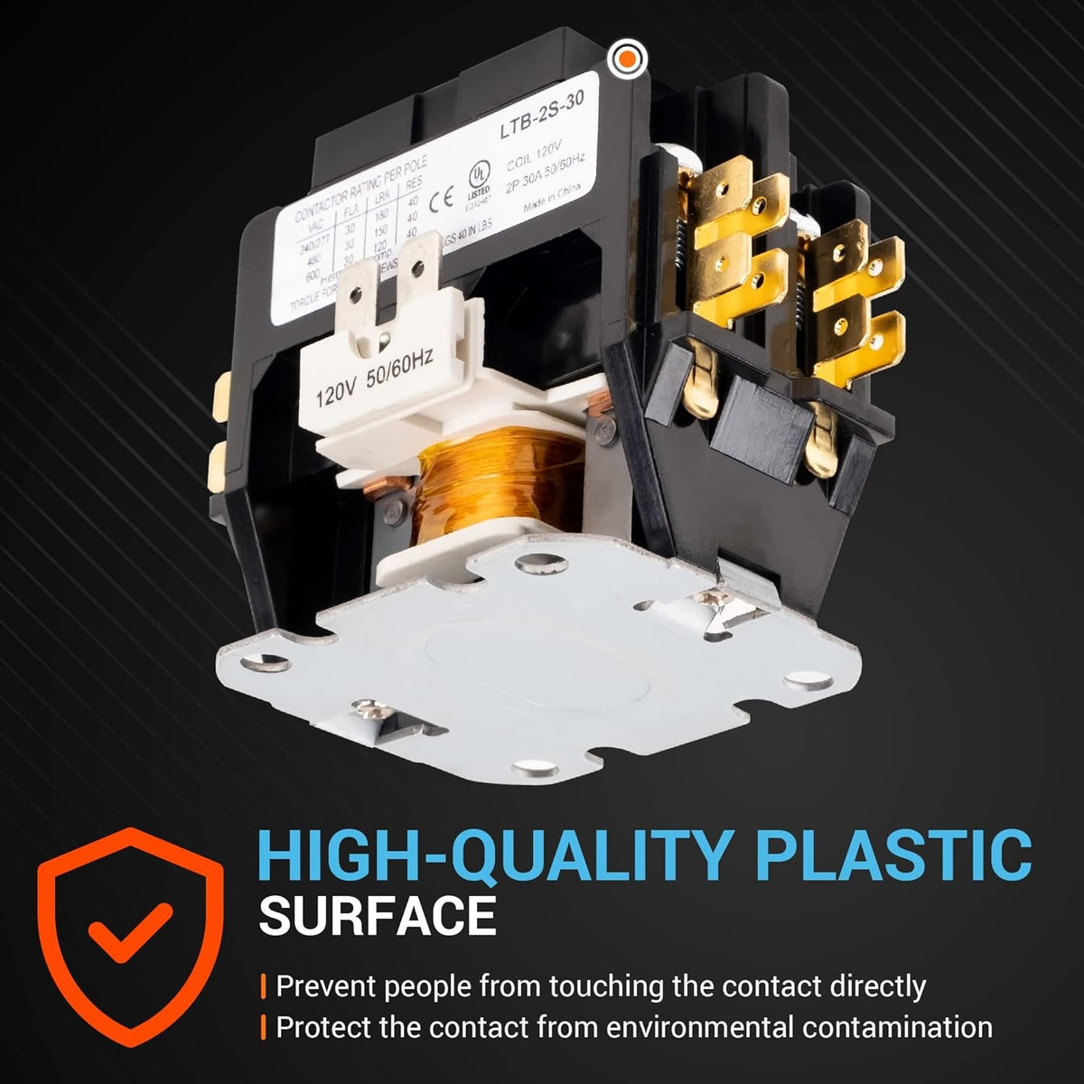 30 Amp 2-pole contactor with 120VAC coil showing high-quality protective plastic housing and terminal connections.