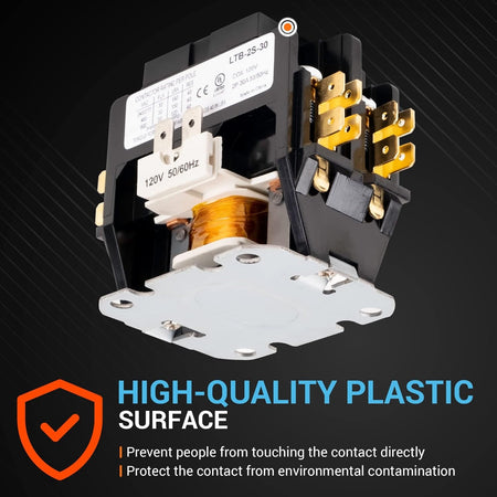 30 Amp 2-pole contactor with 120VAC coil showing high-quality protective plastic housing and terminal connections.