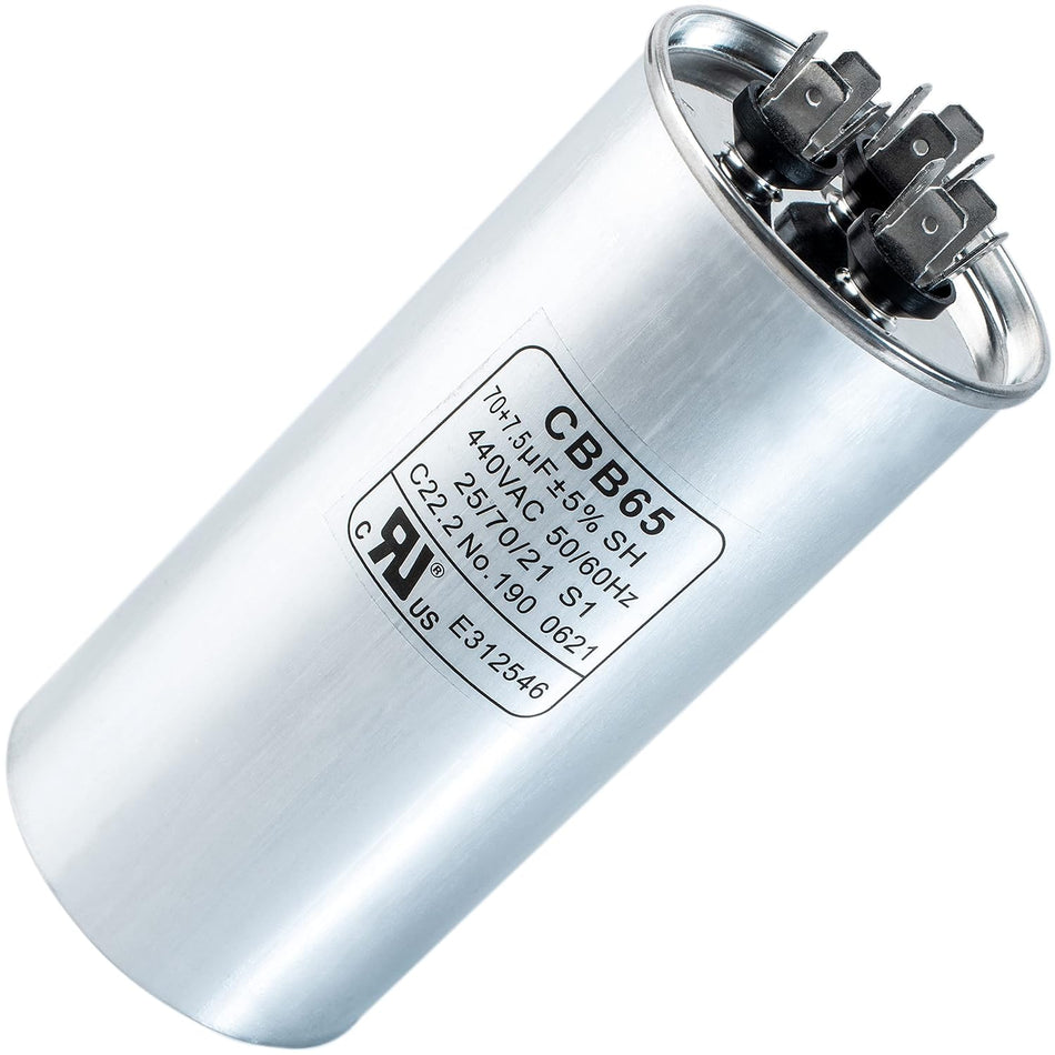 70+7.5 MFD uf 370 or 440 Volt VAC Round Dual Run Capacitor