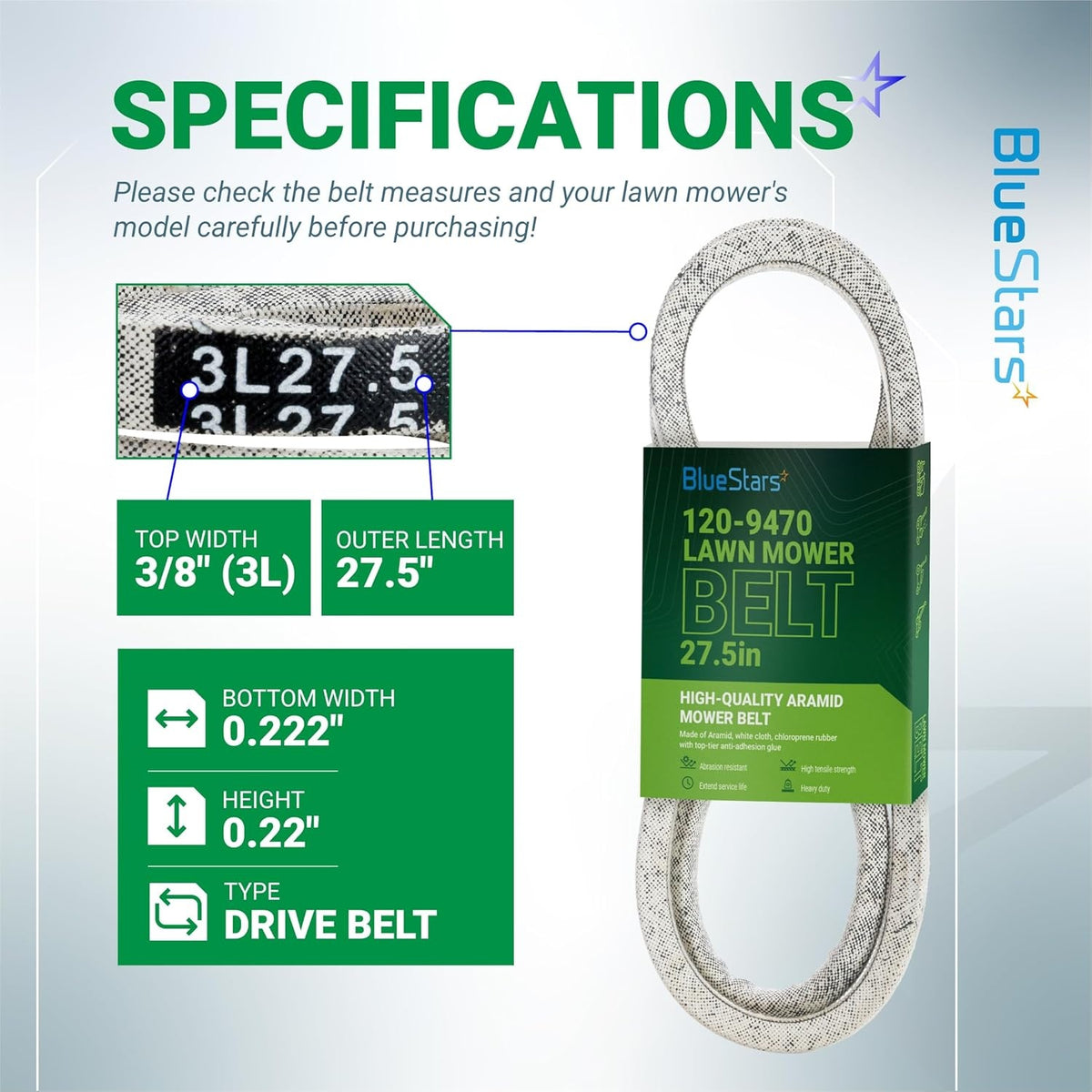 120-9470 drive belt specifications chart showing dimensions for Toro TimeMaster mower replacement parts.