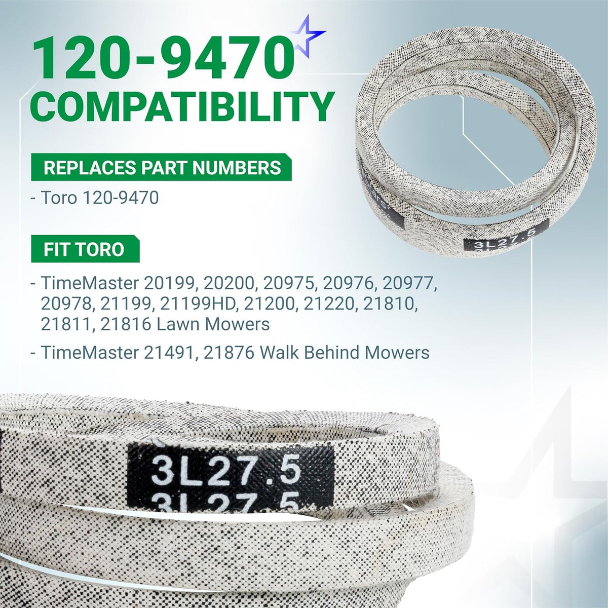 120-9470 drive belt replacement for Toro TimeMaster lawn mowers with 3L27.5 size label detail.