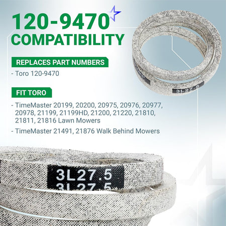 120-9470 drive belt replacement for Toro TimeMaster lawn mowers with 3L27.5 size label detail.