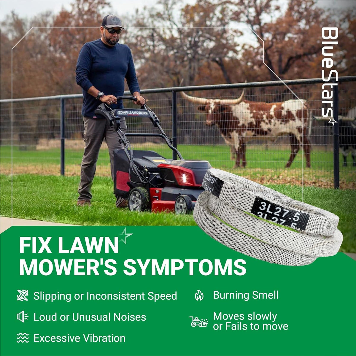 120-9470 replacement drive belt for Toro TimeMaster mowers shown with symptoms of mower failure.