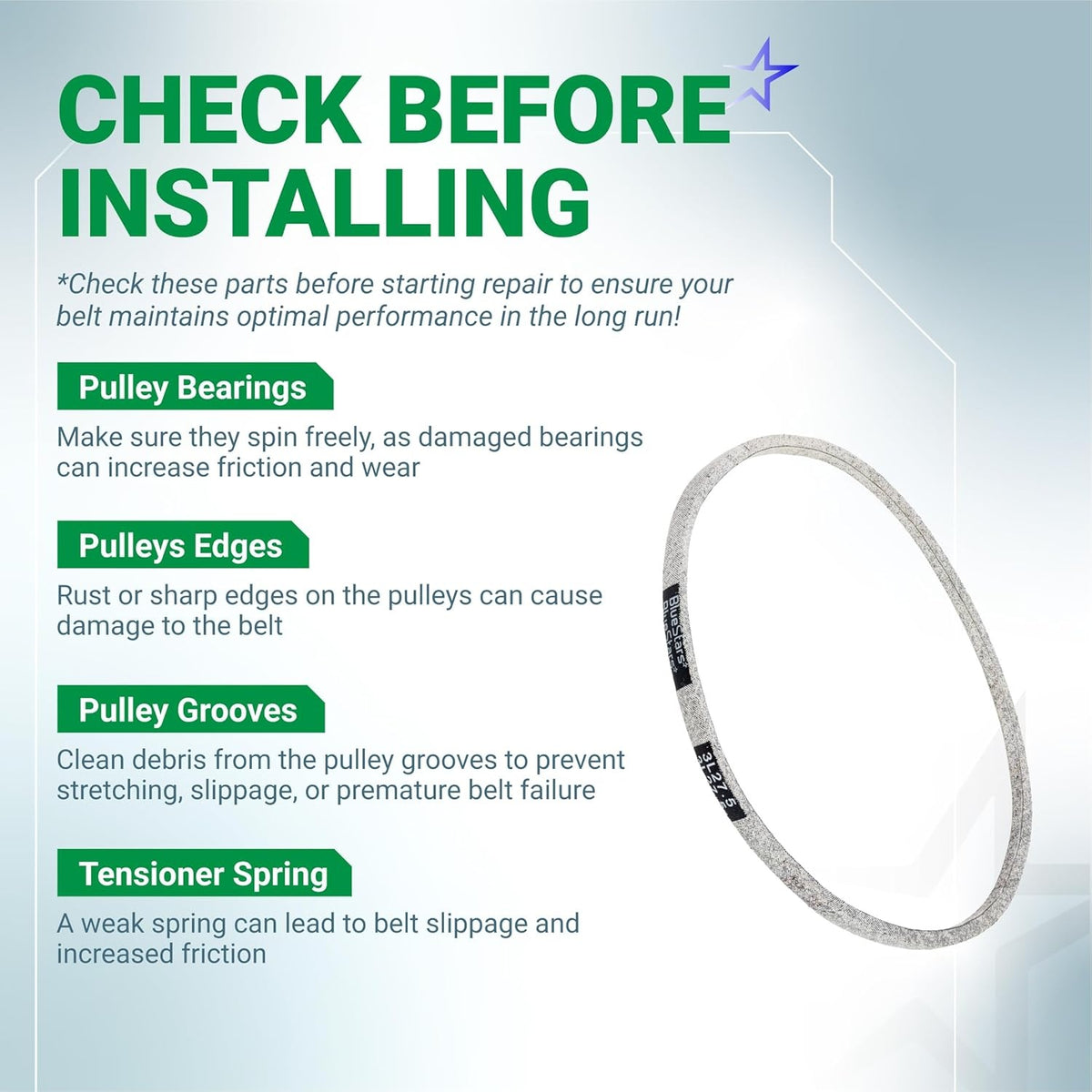 Installation guide for 120-9470 drive belt showing pulley and tensioner maintenance tips for Toro TimeMaster mowers.
