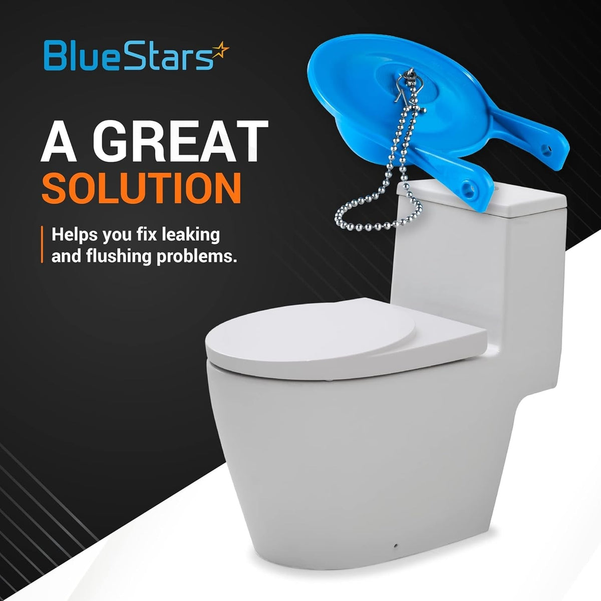 Blue AquaSource toilet flapper replacement part with metal chain shown above a white toilet.