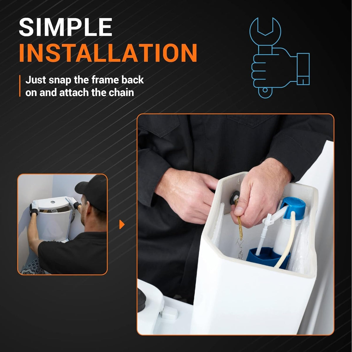 Installation guide showing how to attach the chain to the AquaSource toilet flapper inside the tank.