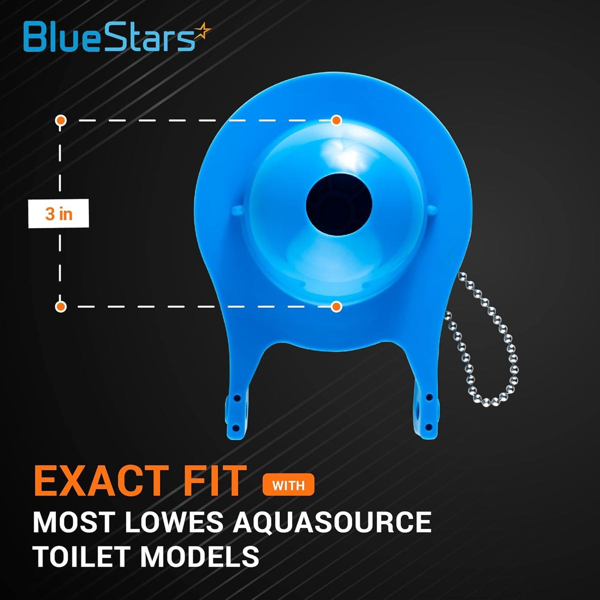 Blue 3-inch AquaSource toilet flapper replacement with measurement diagram for Lowes toilet models.