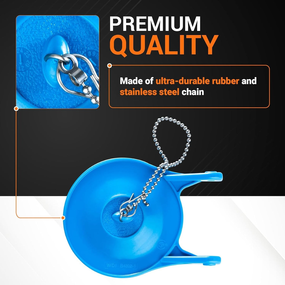 Blue AquaSource toilet flapper with stainless steel chain and close-up view of attachment point.
