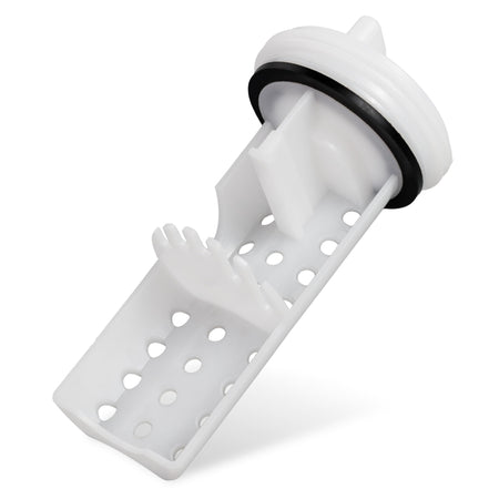 White plastic drain pump filter for GE washing machines with black rubber seal.