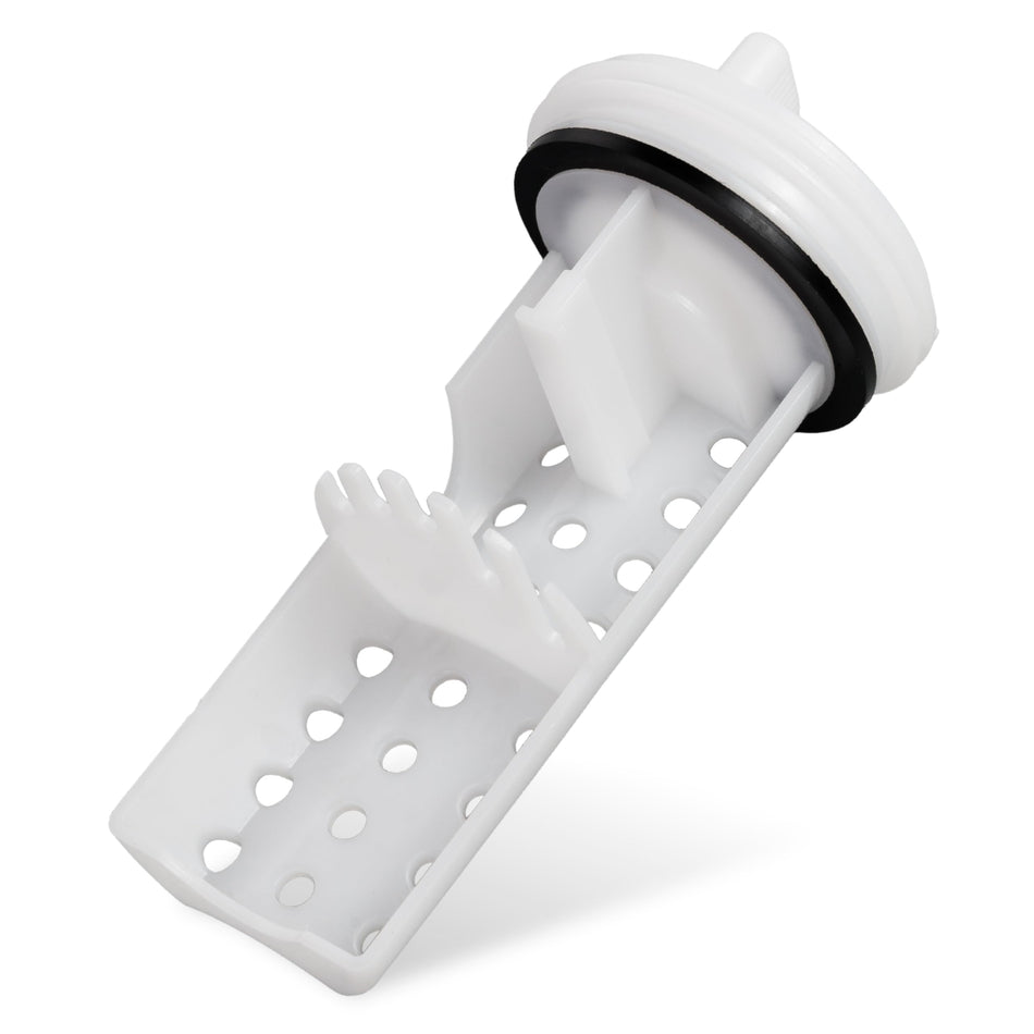 White plastic drain pump filter for GE washing machines with black rubber seal.