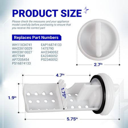 Dimensional diagram of GE WH11X34741 washer drain pump filter showing product measurements and replacement part numbers.
