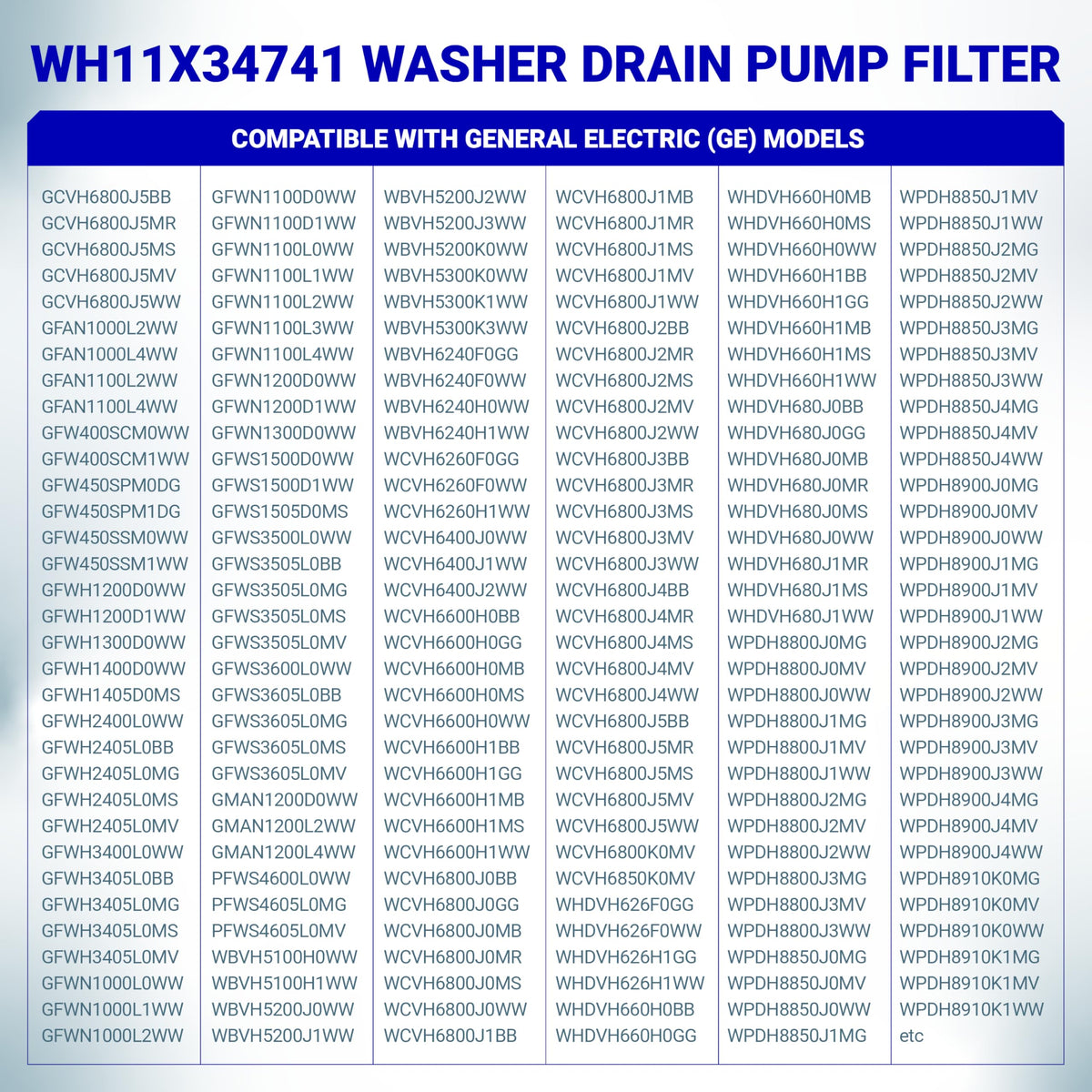 Compatibility chart for WH11X34741 washer drain pump filter listing compatible GE washing machine models.