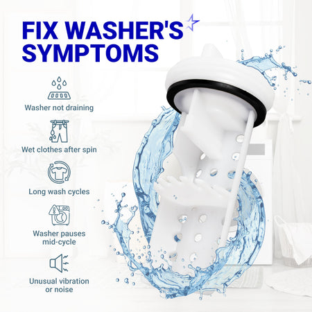 GE washer drain pump filter WH11X34741 shown with a list of common washing machine repair symptoms.