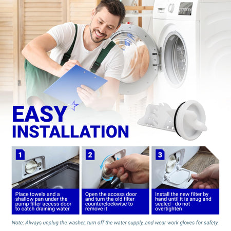 Installation guide for GE WH11X34741 washer drain pump filter showing step-by-step replacement instructions.