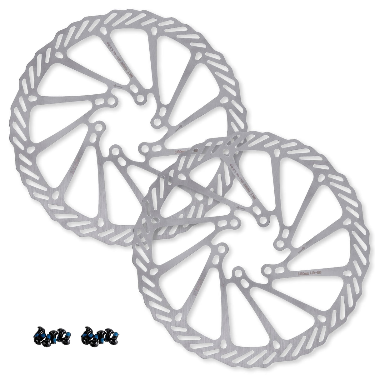 Two 180mm stainless steel bike disc brake rotors with mounting bolts for MTB and road bikes.