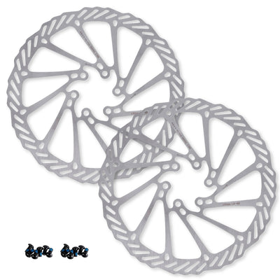 Two 180mm stainless steel bike disc brake rotors with mounting bolts for MTB and road bikes.