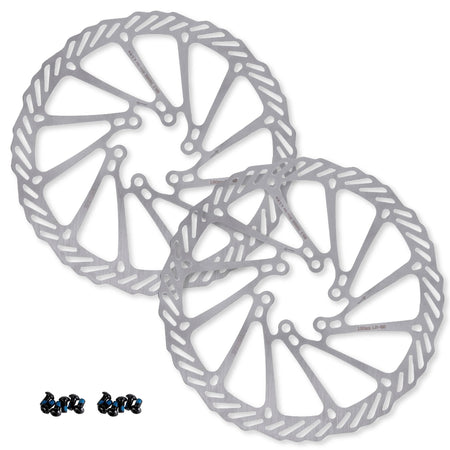 Two 180mm stainless steel bike disc brake rotors with mounting bolts for MTB and road bikes.