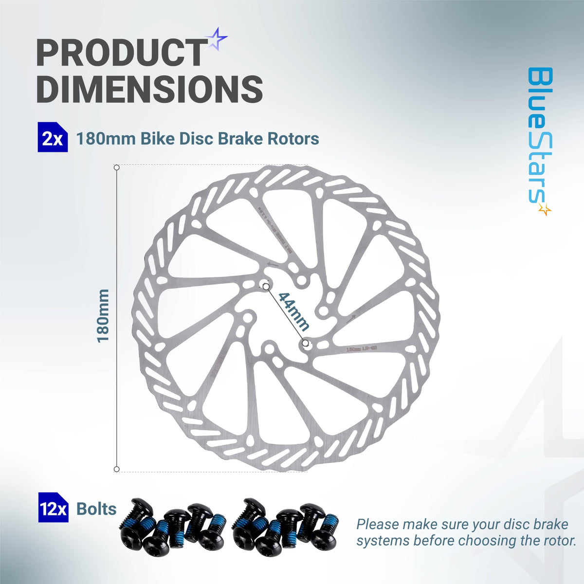 Dimensional diagram of 180mm stainless steel bike disc brake rotor with 6-bolt mounting pattern and included bolts.