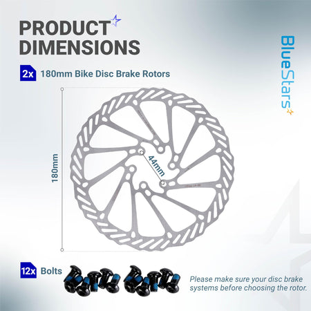 Dimensional diagram of 180mm stainless steel bike disc brake rotor with 6-bolt mounting pattern and included bolts.