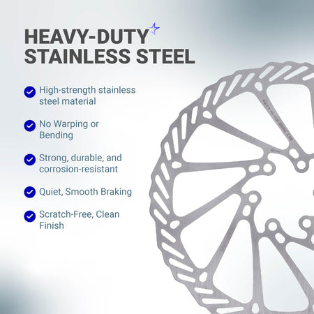Close-up of 180mm stainless steel bike disc brake rotor showing material durability and design features.