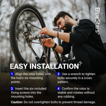 Cyclist installing a 180mm stainless steel disc brake rotor with 6 bolts using a wrench.