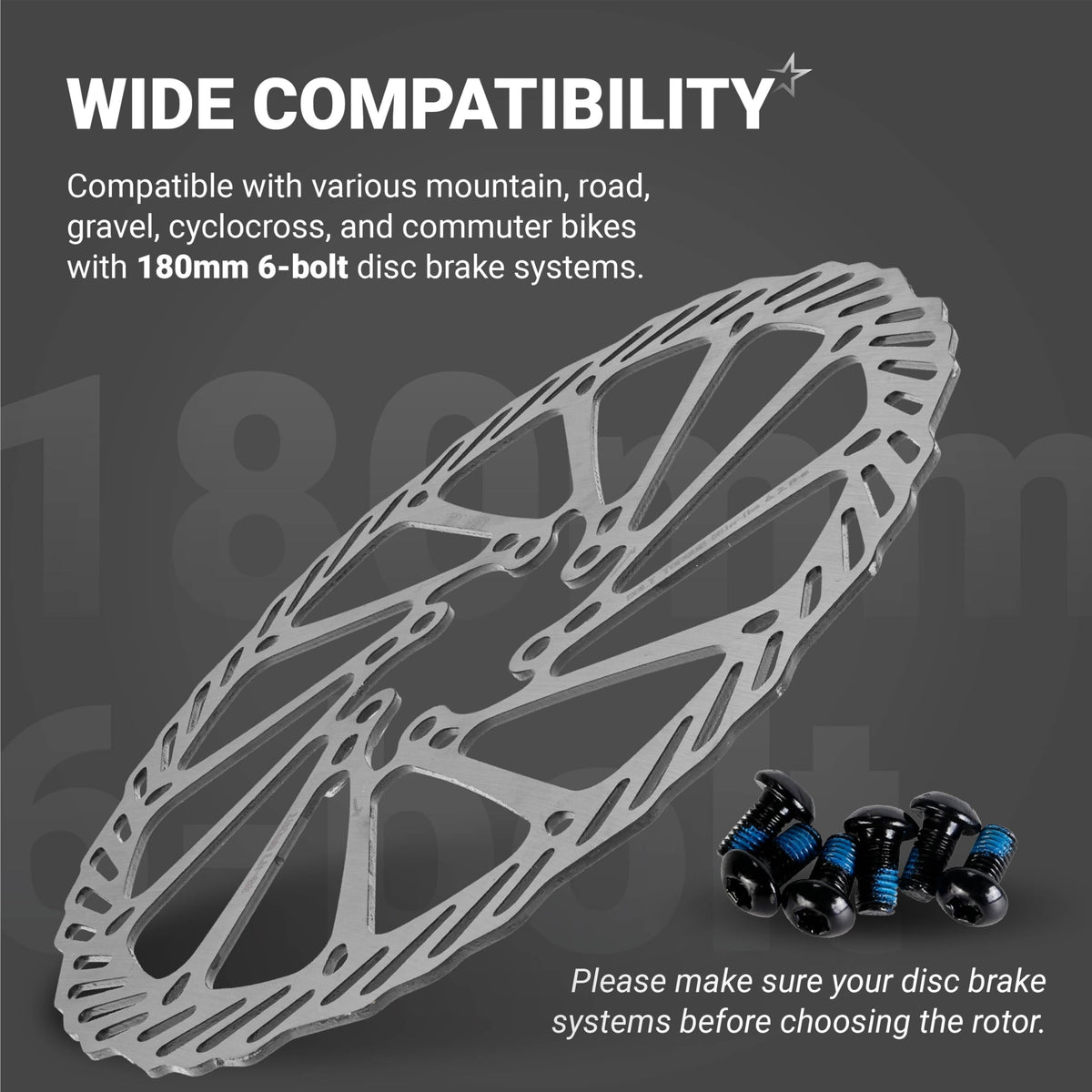 180mm stainless steel bike disc brake rotor with 6 mounting bolts for mountain and road bikes.