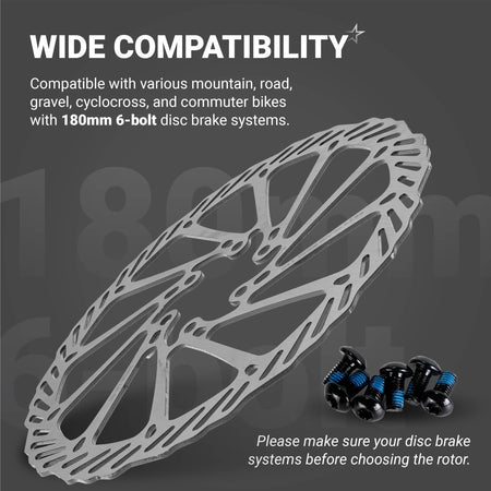 180mm stainless steel bike disc brake rotor with 6 mounting bolts for mountain and road bikes.