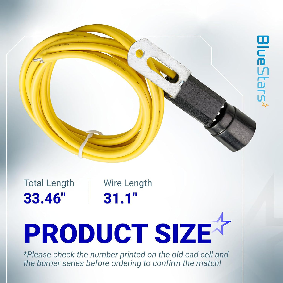 7006U 7135U Cad Cell Flame Sensor product size graphic showing 33.46-inch total length and 31.1-inch wire length