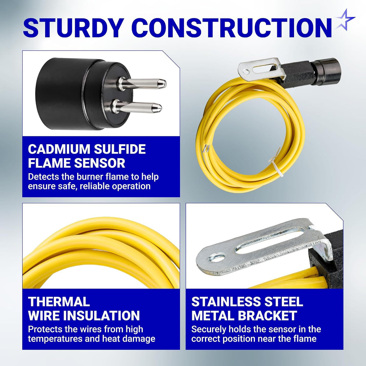 7006U 7135U Cad Cell Flame Sensor, product collage with sensor, yellow insulated wires, and stainless steel bracket