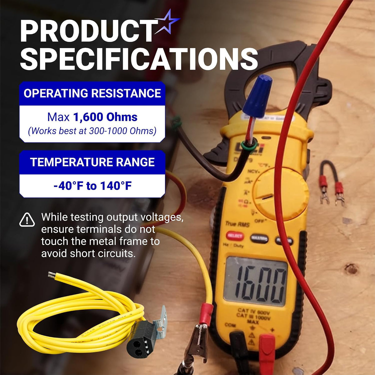 7006U 7135U Cad Cell Flame Sensor specifications with multimeter testing setup; resistance and temperature ranges shown