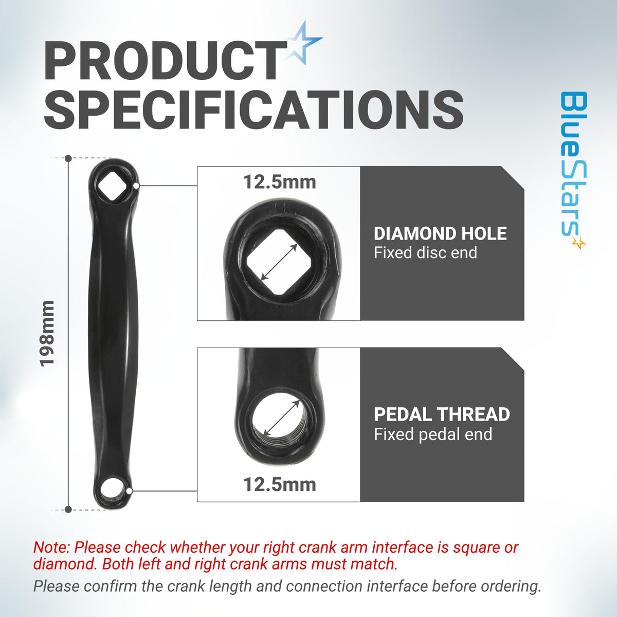 Technical specification diagram showing dimensions and diamond hole interface of black bicycle left crank arm.