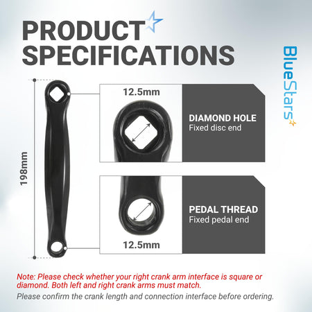 Technical specification diagram showing dimensions and diamond hole interface of black bicycle left crank arm.
