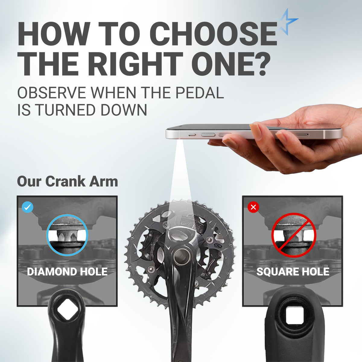 Comparison guide showing diamond hole versus square hole bicycle crank arm compatibility.
