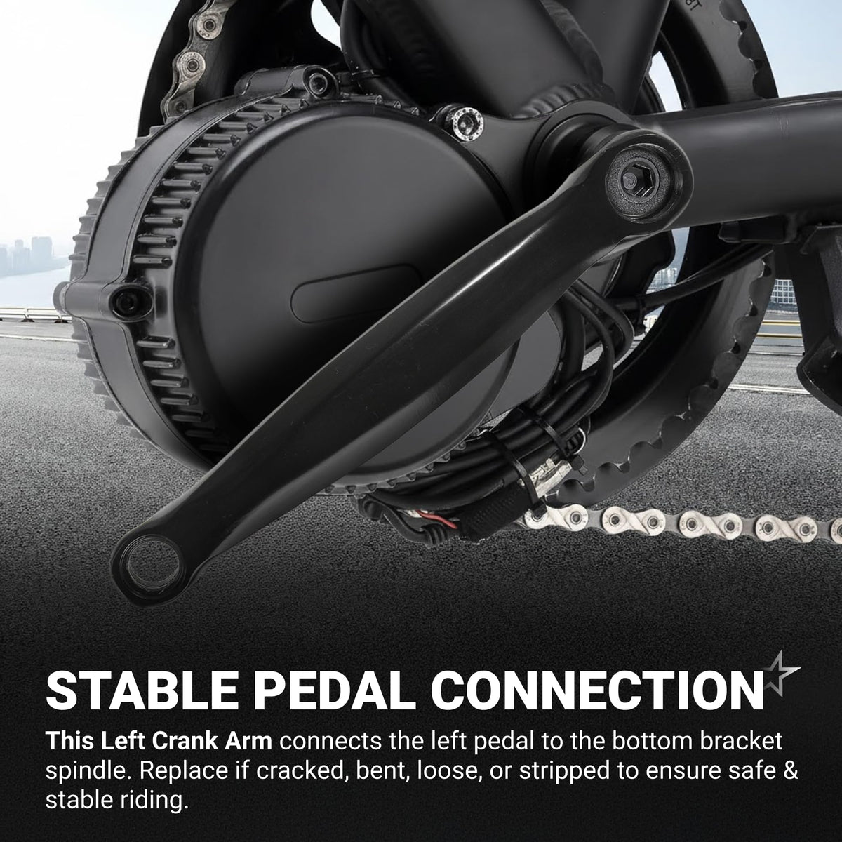 Black 170mm aluminium alloy left crank arm installed on a bicycle motor and bottom bracket.