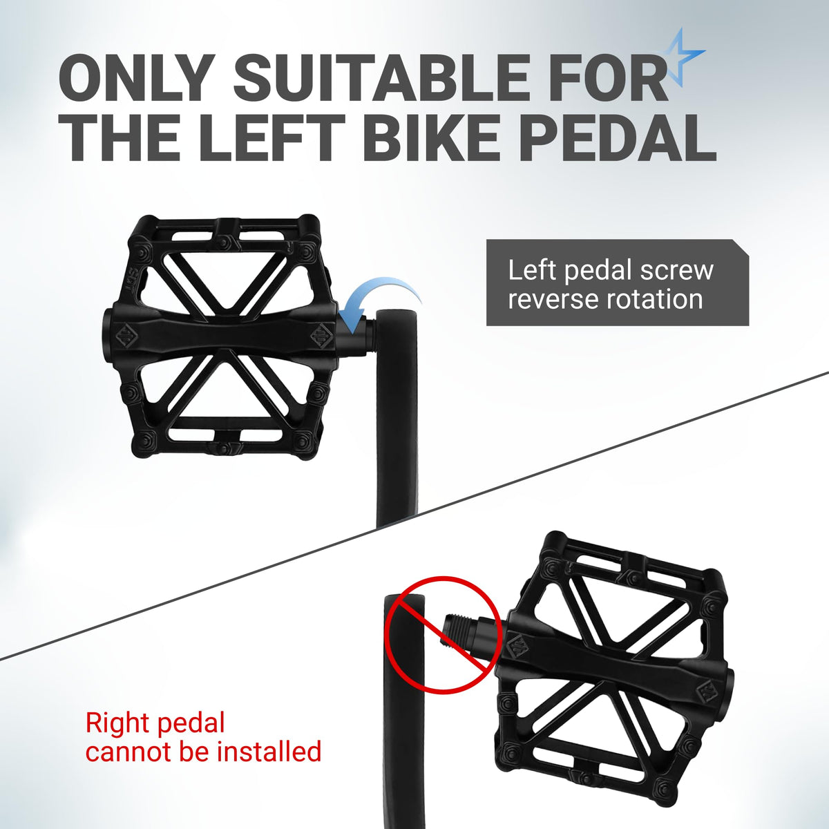 Instructional diagram showing left bicycle pedal installation with reverse rotation on a black crank arm.