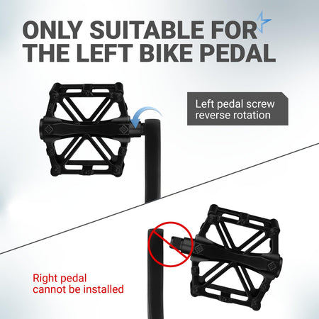 Instructional diagram showing left bicycle pedal installation with reverse rotation on a black crank arm.