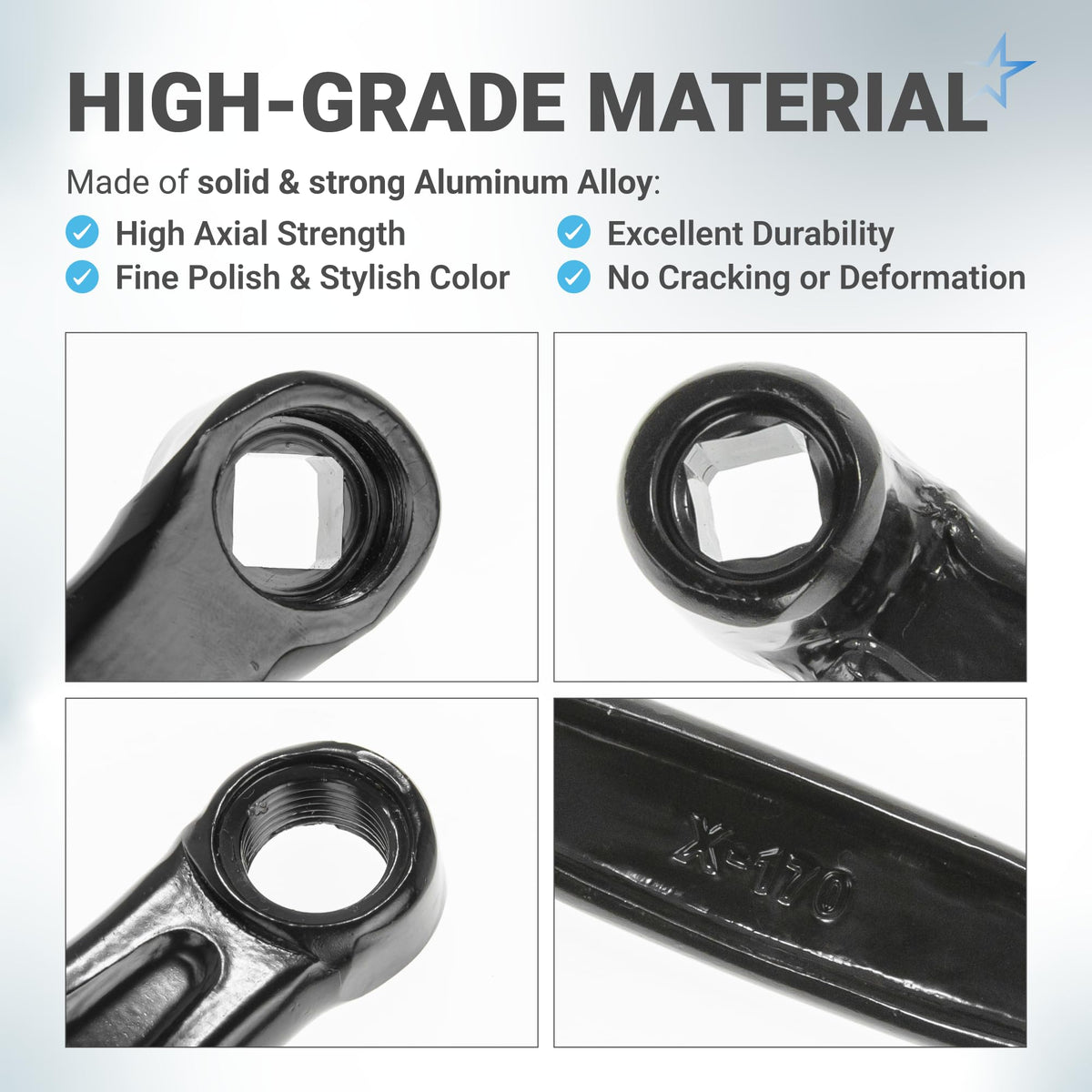 Close-up detail shots of black aluminum alloy bicycle crank arm with diamond hole and 170mm markings.