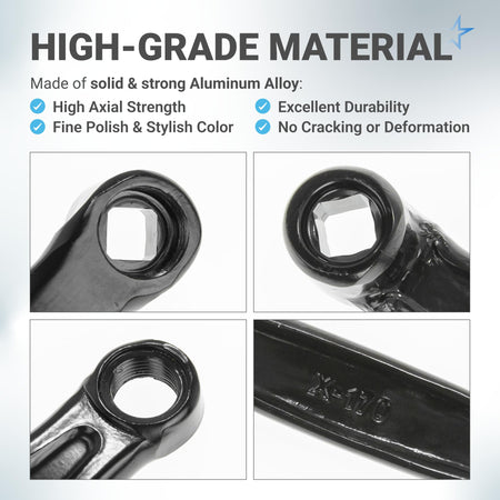 Close-up detail shots of black aluminum alloy bicycle crank arm with diamond hole and 170mm markings.
