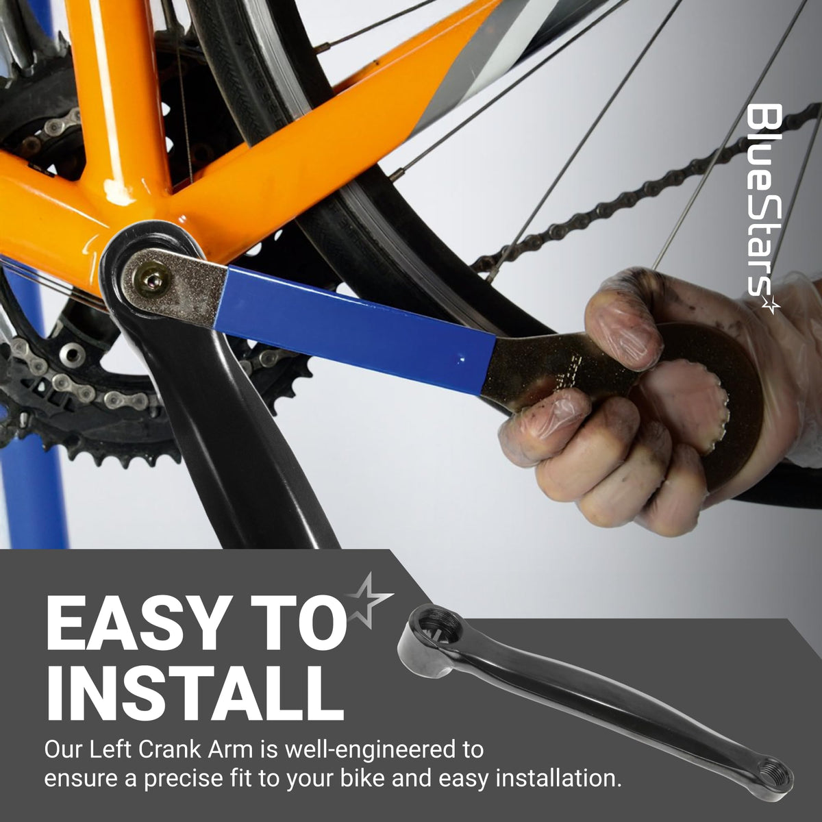 Hand using a wrench to install a black 170mm aluminium alloy bicycle left crank arm on a bike frame.