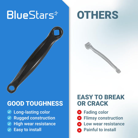 Comparison chart showing BlueStars 170mm black aluminium alloy bicycle left crank arm with diamond hole.