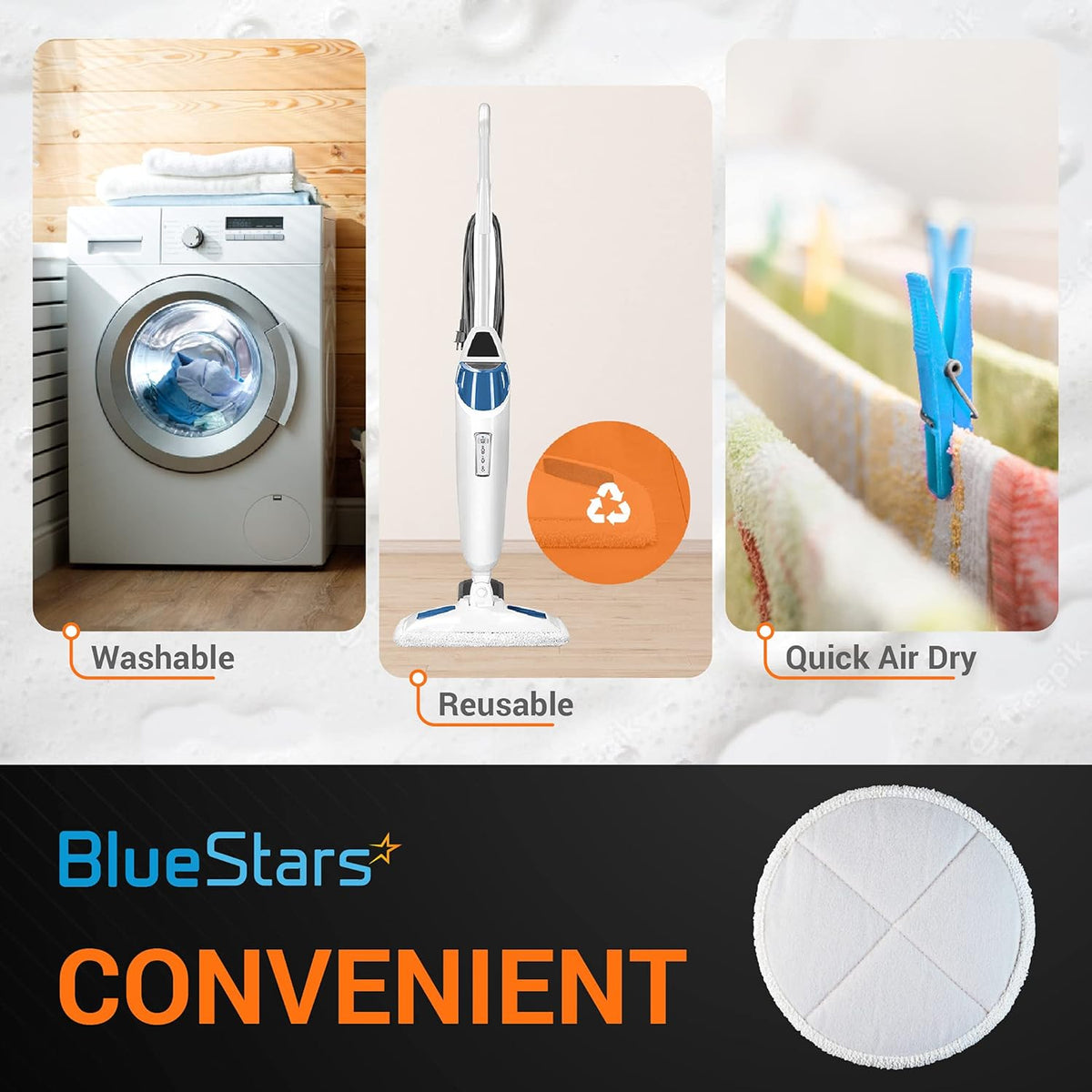 Infographic showing washable, reusable replacement mop pads for Bissell Spinwave hard floor cleaners.