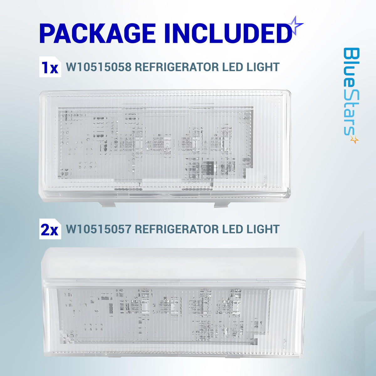 Package contents showing one W10515058 and two W10515057 refrigerator LED light modules.