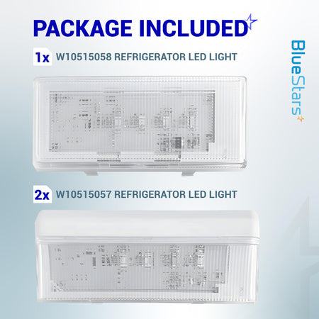 Package contents showing one W10515058 and two W10515057 refrigerator LED light modules.