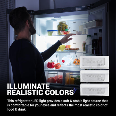 Man looking into a brightly lit refrigerator with W10515057 and W10515058 LED light modules displayed on the side.