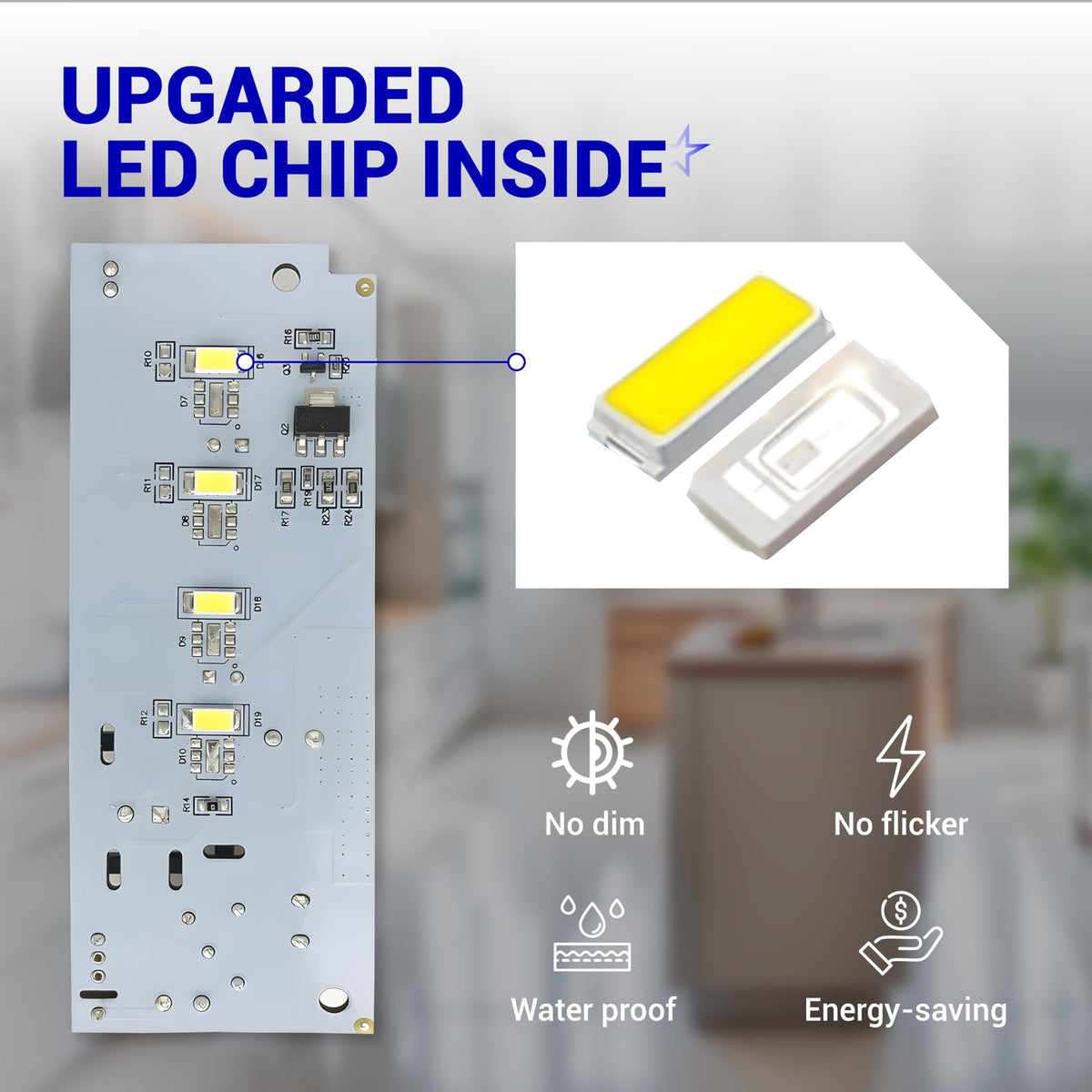 Close-up of refrigerator LED light circuit board with upgraded LED chip and performance feature icons.