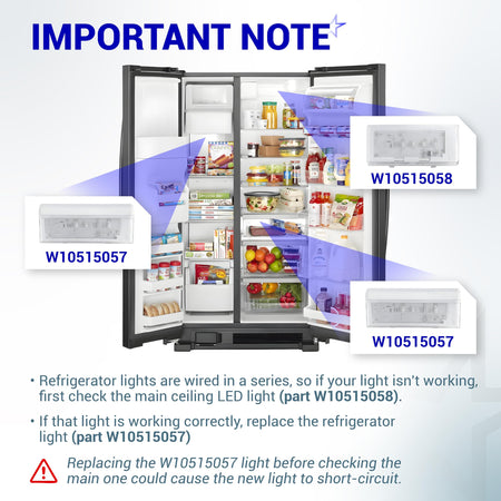 Diagram showing W10515057 and W10515058 refrigerator LED light placement and troubleshooting instructions.