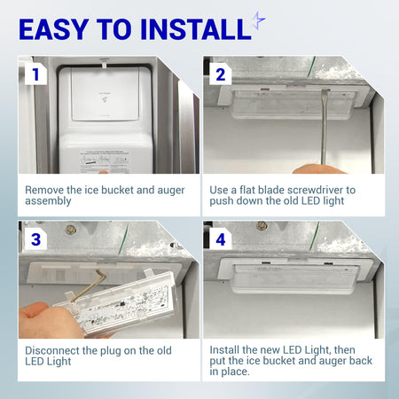 Four-step installation guide for W10515057 and W10515058 refrigerator LED light replacement.