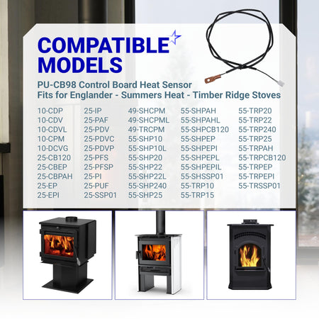 PU-CB98 control board heat sensor compatibility chart for Englander, Summers Heat, and Timber Ridge pellet stoves.